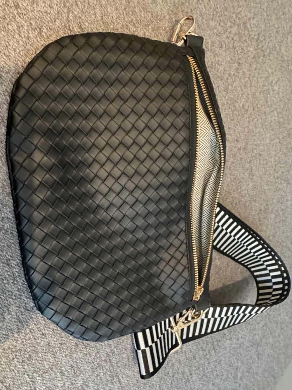 Woven Black Crossbody Bag with Striped Adjustable Strap - Picture 3 of 3